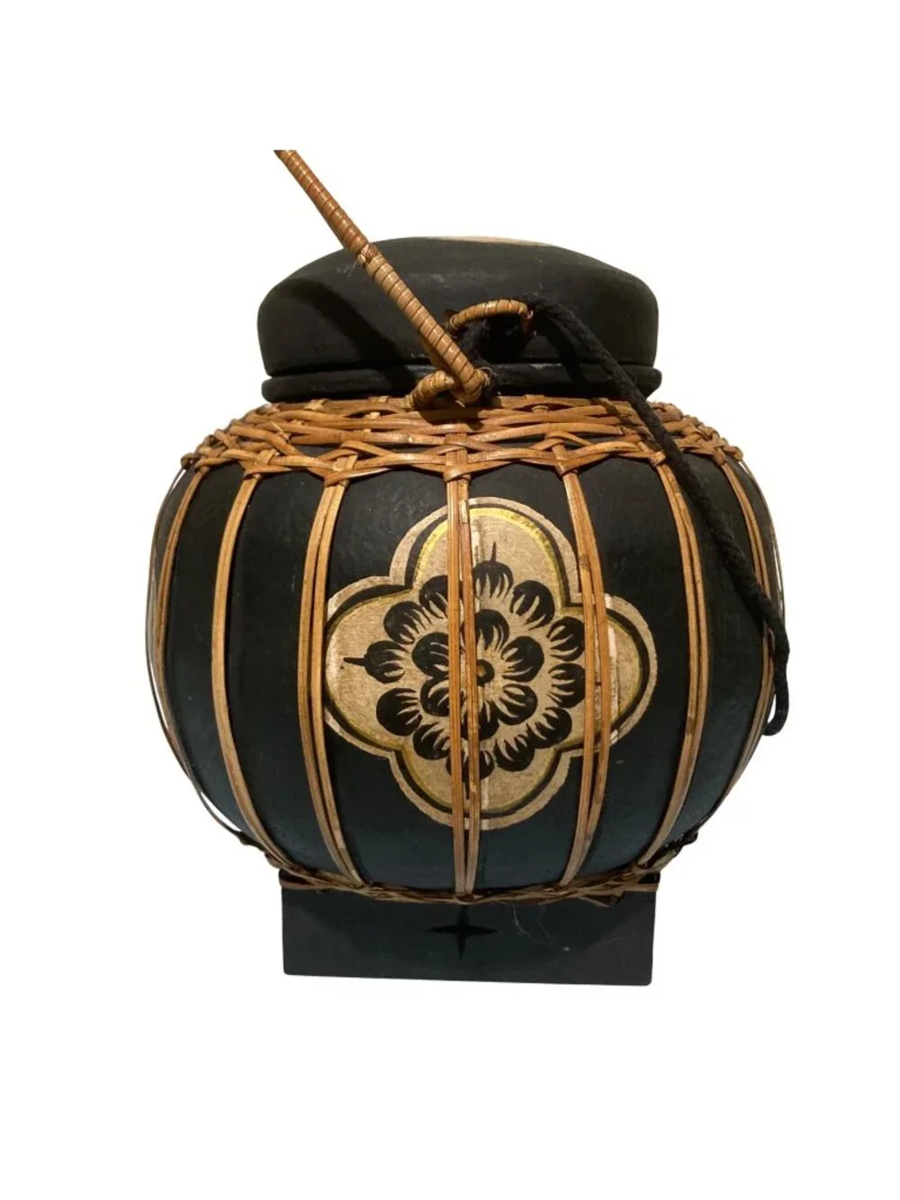 Vintage Thai Bamboo And Wood Rice Basket Hand Painted Floral Design